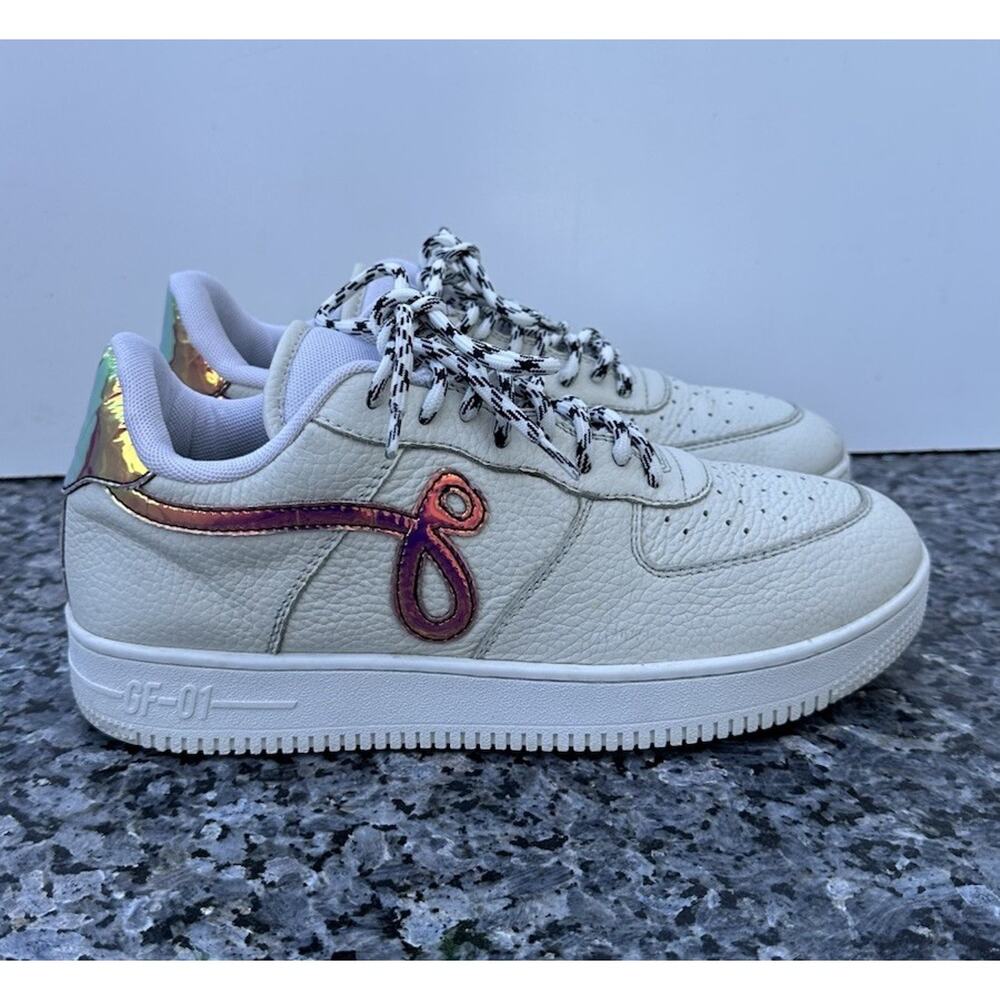 John Geiger GF-01 Off White Pebbled Leather Iridescent Logo Sneakers Men Sz 9